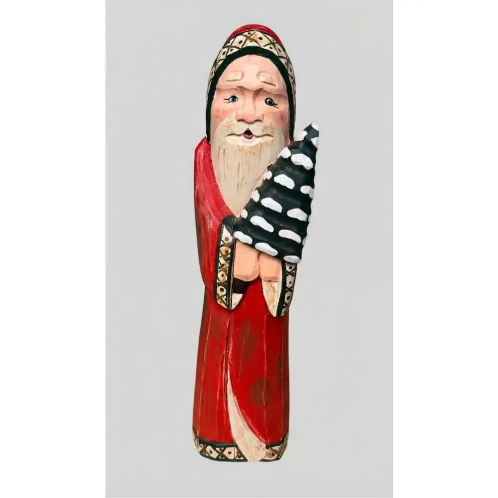 Hand-Carved Wooden Santa Figures, Set of Two Holiday Ornaments, Folk Art Decor